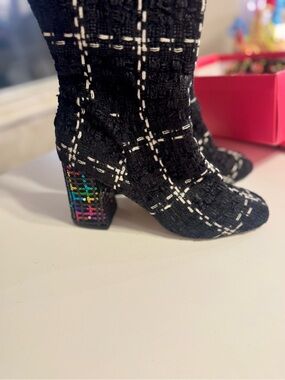 Betsy Johnson Black Tweed Ankle Boots with Embellished Rainbow Heel- Size 9.5